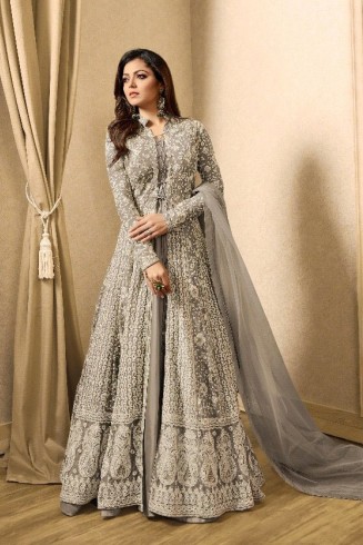 EID DRESS COLLECTION : GREY EMBELLISHED ANARKALI SUIT 
