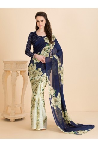 BISCAY GREEN CLASSIC BLUE  CASUAL FLORAL PRINTED SEMI STITCHED SAREE AND BLOUSE 
