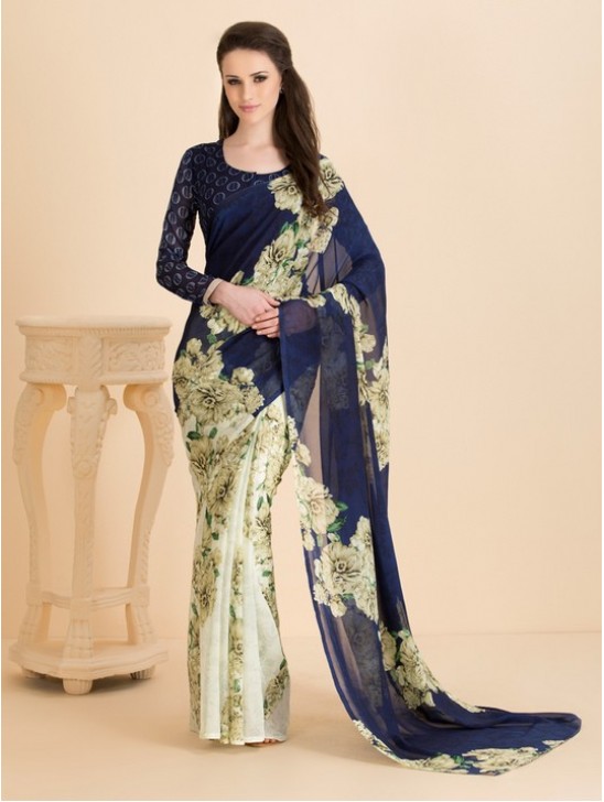 BISCAY GREEN CLASSIC BLUE  CASUAL FLORAL PRINTED SEMI STITCHED SAREE AND BLOUSE
