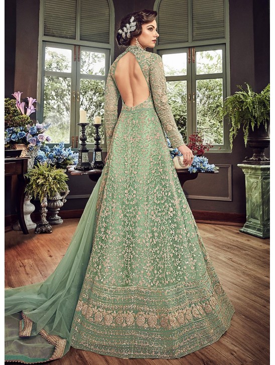 SAGE GREEN HEAVY EMBROIDERED INDIAN WEDDING & EVENING GOWN SAGE GREEN HEAVY EMBROIDERED INDIAN WEDDING & EVENING GOWN