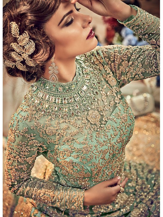 SAGE GREEN HEAVY EMBROIDERED INDIAN WEDDING & EVENING GOWN SAGE GREEN HEAVY EMBROIDERED INDIAN WEDDING & EVENING GOWN