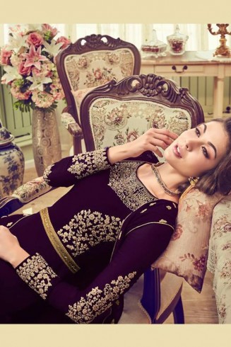 PURPLE RED GEORGETTE INDIAN JACKET STYLE EVENING WEAR 
