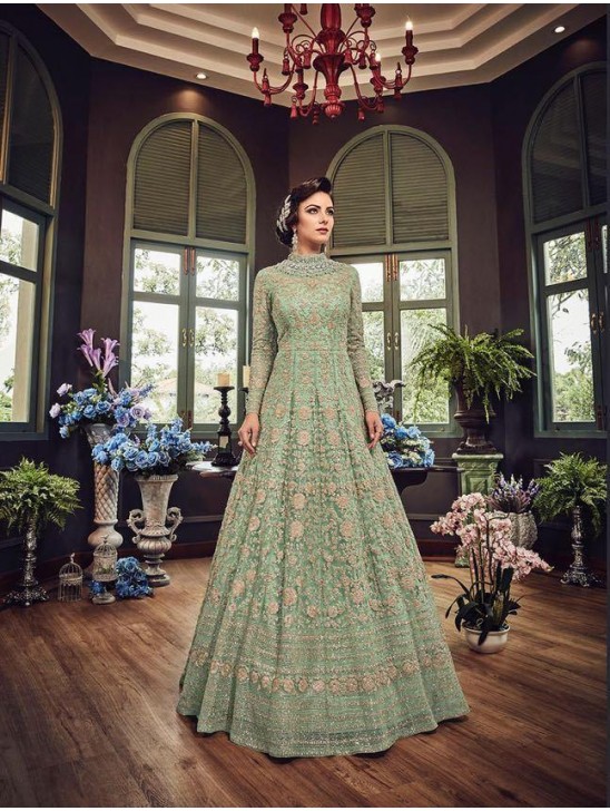 SAGE GREEN HEAVY EMBROIDERED INDIAN WEDDING & EVENING GOWN SAGE GREEN HEAVY EMBROIDERED INDIAN WEDDING & EVENING GOWN