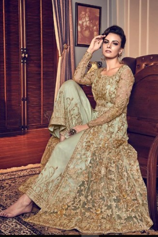 GREEN HEAVY EMBROIDERED INDIAN WEDDING SLIT STYLE NET DRESS