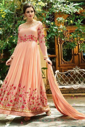 PEACH FLORAL EMBROIDERED EVENING AND WEDDING WEAR GOWN