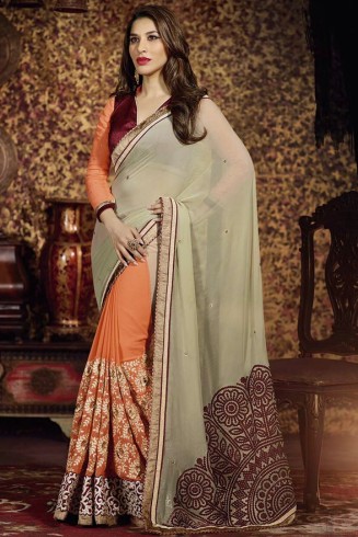 Orange & Grey Indian Designer Party Saree