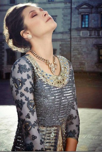 Grey & Gold Front Slit Indian Anarkali Gown 
