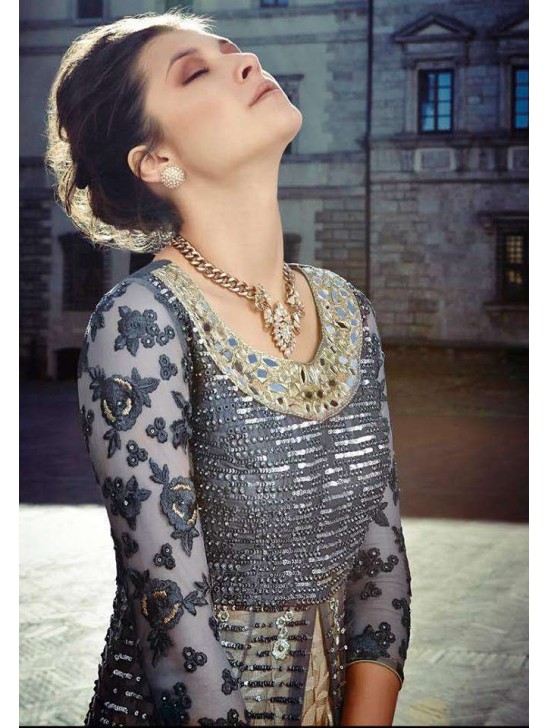 Grey & Gold Front Slit Indian Anarkali Gown Grey & Gold Front Slit Indian Anarkali Gown