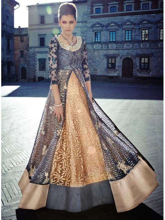 Grey & Gold Front Slit Indian Anarkali Gown Grey & Gold Front Slit Indian Anarkali Gown