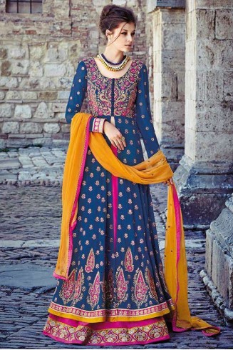 Blue & Pink Indian Designer Anarkali Maxi Gown