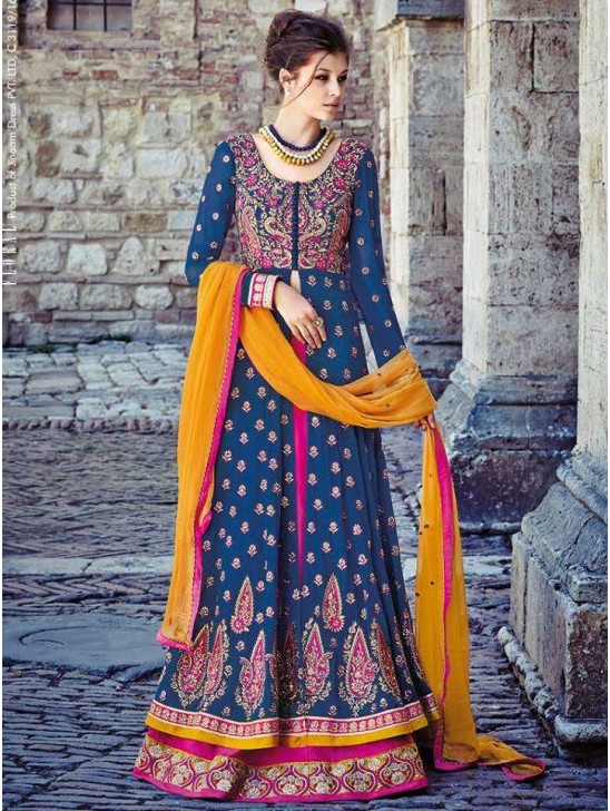 Blue & Pink Indian Designer Anarkali Maxi Gown Blue & Pink Indian Designer Anarkali Maxi Gown