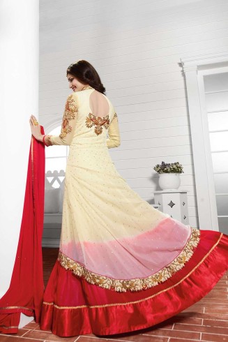 K3936 CREAM AND RED KASEESH PRACHI-19 DESIGNER ANARKALI SUIT