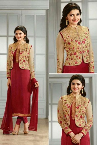 K4111 GOLDEN AND RED KASEESH PRACHI-21 JACKET STYLE SALWAR KAMEEZ SUIT 