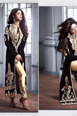 ZM20004-D BLACK AND GOLD GEORGETTE PARTY WEAR ANARKALI SUIT