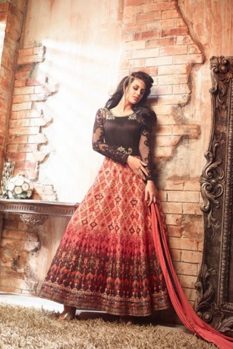 Peach & Black Long Frock Indian Wedding Dress