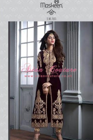 M2605 MAROON AND GOLD MASKEEN MAISHA DESIGNER SUIT