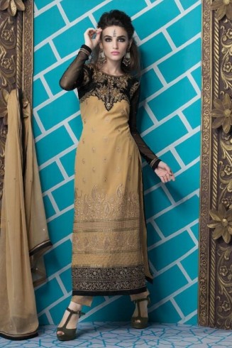 Black & Beige Pakistani Designer Suit Jacket Style Salwar Kameez