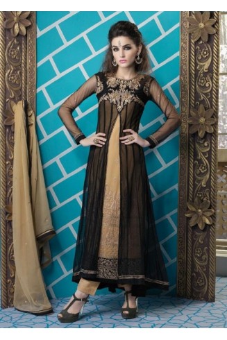 Black & Beige Pakistani Designer Suit Jacket Style Salwar Kameez