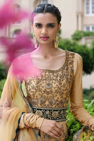 Beige Indian Designer Wedding Wear Anarkali Lehenga