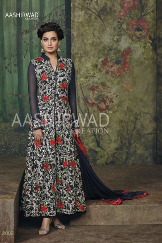 BLUE FLORAL DIA MIRZA INDIAN DESIGNER PARTY WEAR SUIT