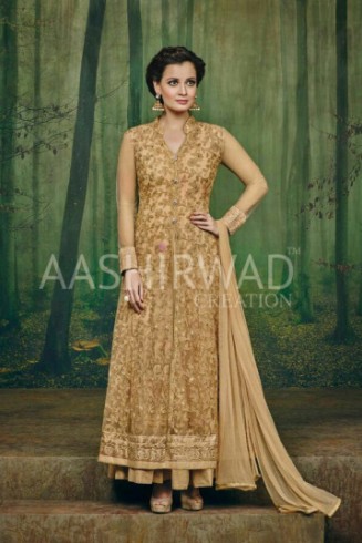 GOLD INDIAN DESIGNER DIA MIRZA EMBROIDERED ANARKALI SUIT