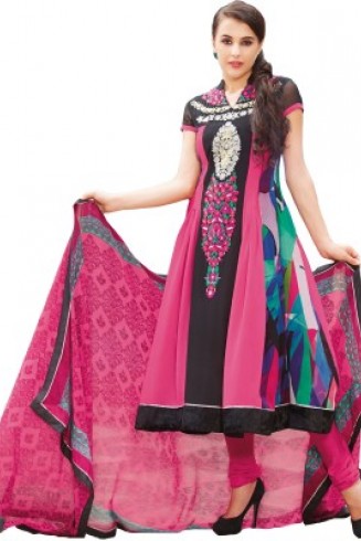 Black & Pink Georgette Frock Churidar Suit