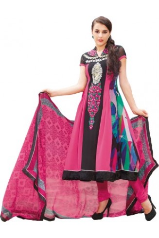Black & Pink Georgette Frock Churidar Suit