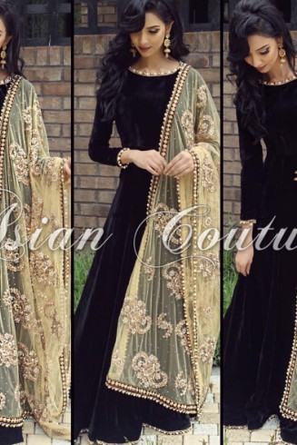 Black Semi Stitched Anarkali Suit With Embroidered Scarf