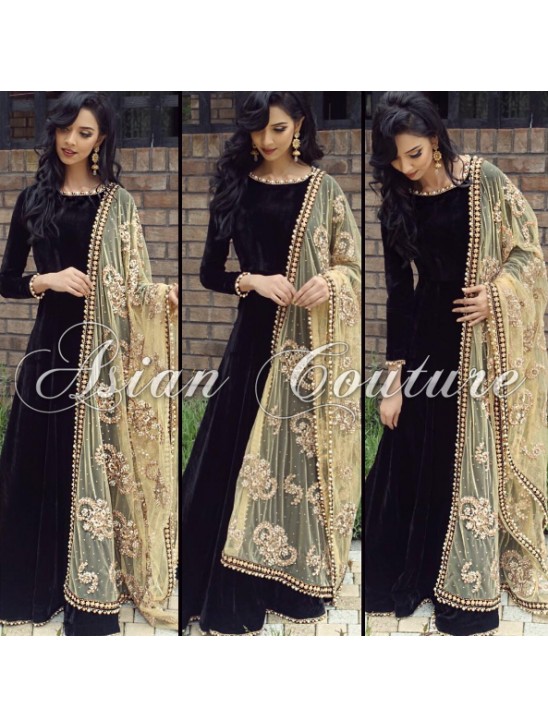 Black Semi Stitched Anarkali Suit With Embroidered Scarf Black Semi Stitched Anarkali Suit With Embroidered Scarf