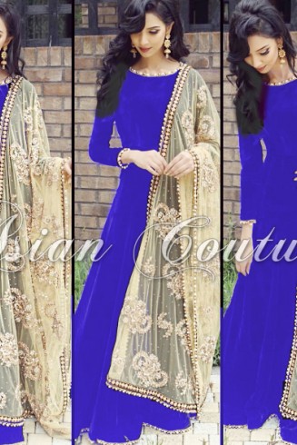 Blue Maxi Gown Designer Anarkali Suit With Heavy Scarf 