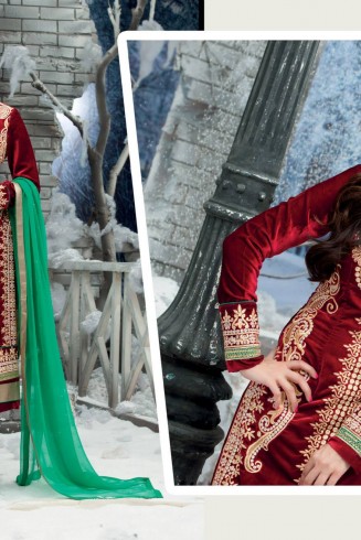Red and Green RIVAA  DESIGNER VELVET DRESS