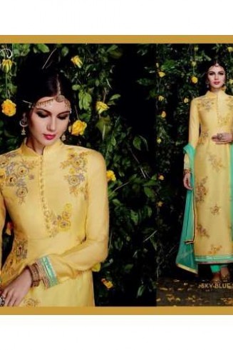 5302 Yellow And Sky Blue Straight Heer Designer Suit 