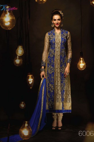 Gold and Blue RANGSUTRA PARTY WEAR GEORGETTE CHURIDAR LONG SALWAR SUIT