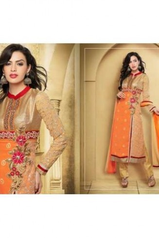 Orange and Beige ZOOL KEYAS 5 GEORGETTE LONG LENGTH STRAIGHT SUITS