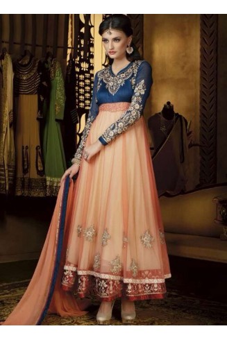 Mehak Blue and Orange Net Long Length Designer Dress
