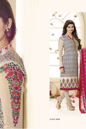 SLK2858 - Rose with White and Black Patterns Kaseesh Silkina Royal Crepe 3 Salwar Kameez Suit