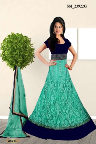 Teal Blue WEDDING WEAR Resham Work Net Designer Anarkali Suit