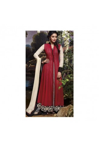 Red Indian Semi Stitched Anarkali Dress