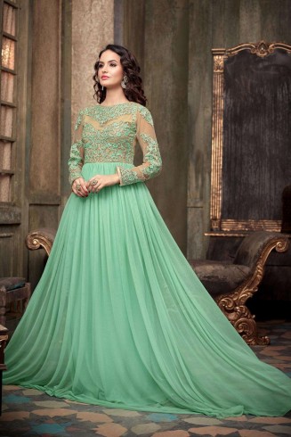 MA-2203 Mint Green with Beige Maskeen Maisha Crush Anarkali Grown