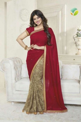 Z16171 Red Golden Ayesha Takia "Sheesha Star Walk" Chiffon Georgette Party Wear Saree