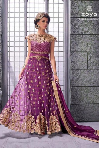 Purple Indian Party Dress Designer Embroidered Net Gown