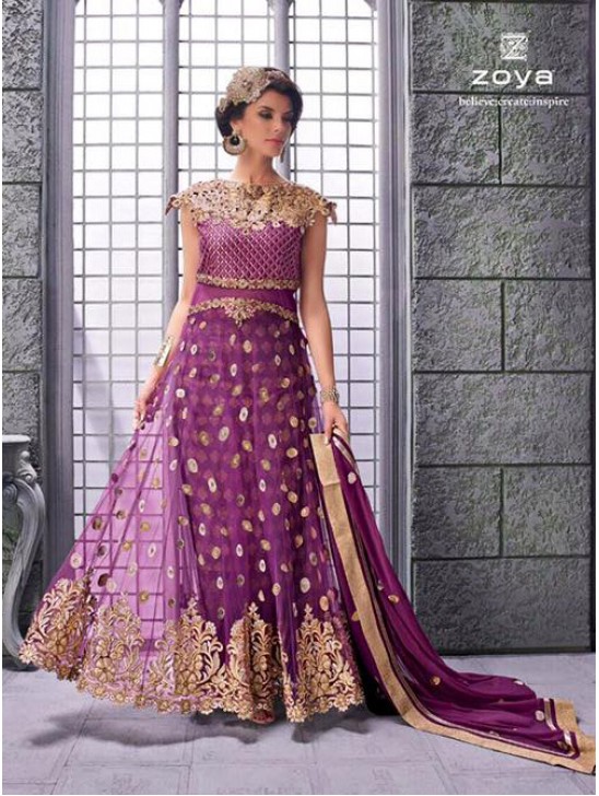 Purple Indian Party Dress Designer Embroidered Net Gown Purple Indian Party Dress Designer Embroidered Net Gown