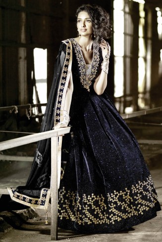 ZF15004 BLACK ZOYA FEELINGS WEDDING WEAR VELVET DRESS