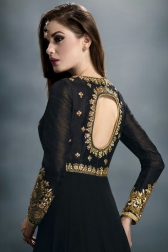 Fabulous Black Anarkali Dress Front Slit Designer Embroidered Suit