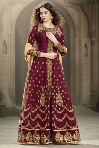 Maroon Embroidered Anarkali Dress Pakistani Gown