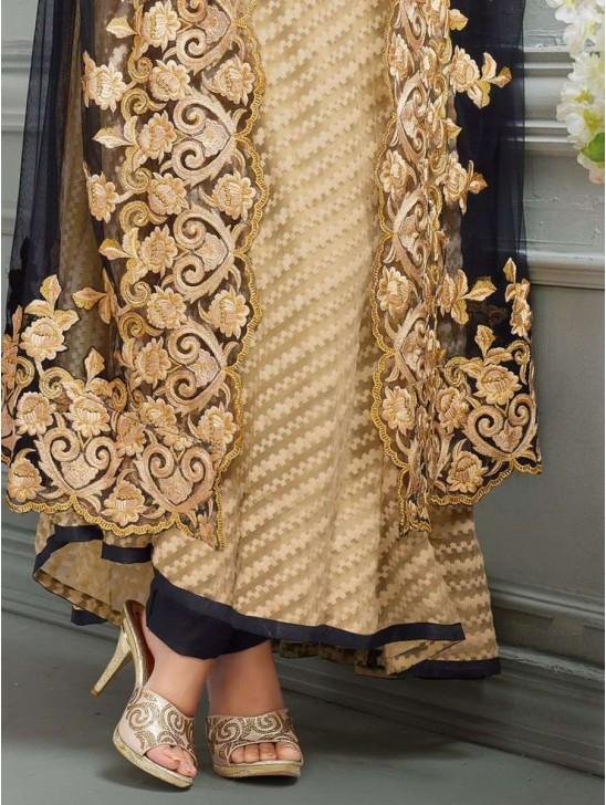 85008 Heenari Beige & Black Embroidered Semi Stitched Suit