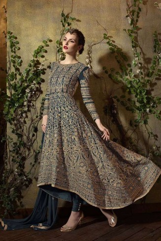 8105 CREAM AND BLUE KARMA TRENDS ANARKALI DRESS