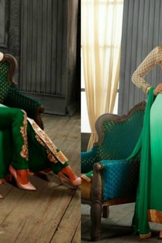 5001-B WHITE AND GREEN KESARI ARYAA GEORGETTE PARTY WEAR SUIT