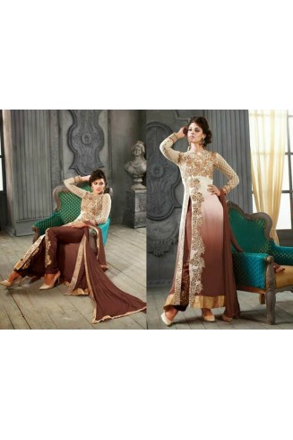 5001-D WHITE AND BROWN KESARI ARYAA GEORGETTE PARTY WEAR SUIT