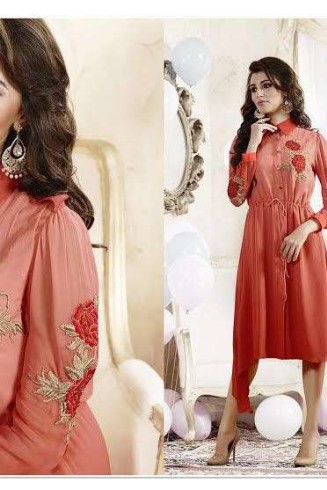 Orange Embroidered Georgette Kurti Indian Party Wear Tops 